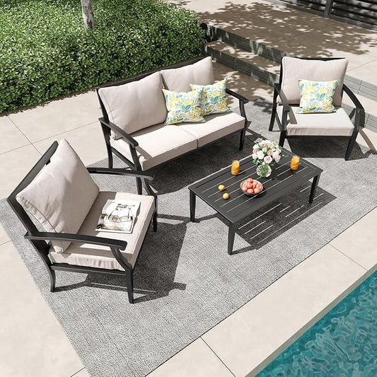 4 Piece Outdoor Patio Furniture Set, Oversized Metal Conversation Set with High Back & Deep Seating, Water-Repellent Cushions, Coffee Table for Porch, Deck, Backyard, Beige
