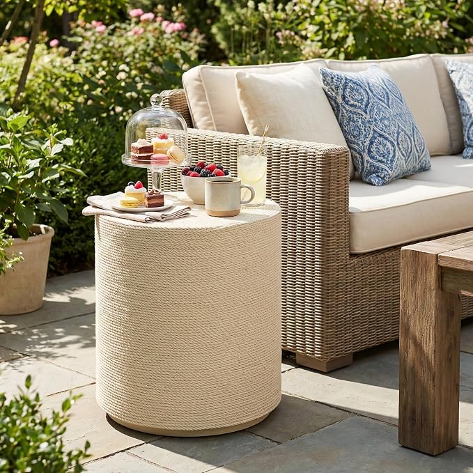 Christopher Knight Home 18.11" H Simulated Rattan Cylindrical MGO Side Table Sculptural End Table Indoor Outdoor Living Room Patio Balcony Decor Accent Table, Natural Wood