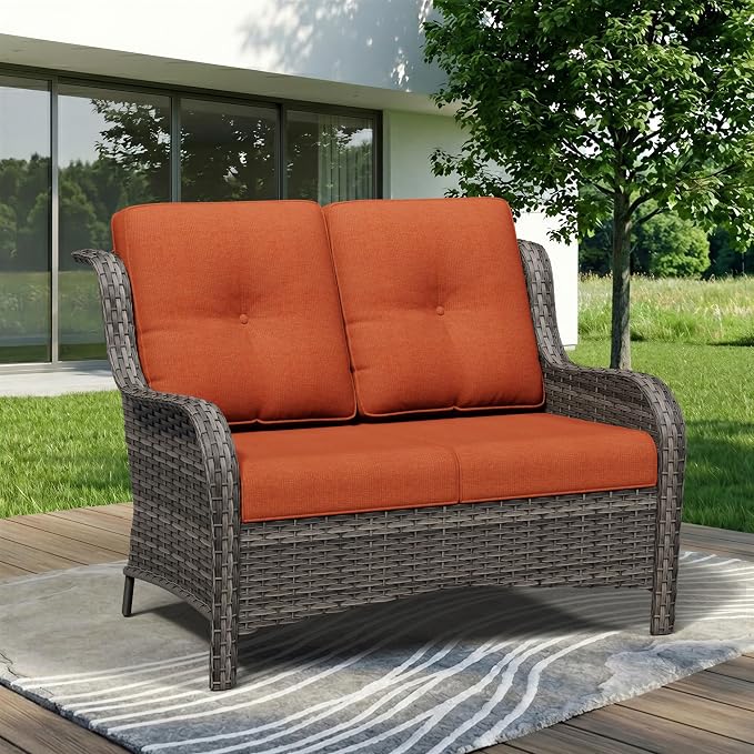 Wicker Patio Loveseat, 2 Seat Outdoor Couch with Thickened Olefin Cushions, High Back and Deep Seating, Hand-Woven PE Rattan for Porch, Deck, Balcony