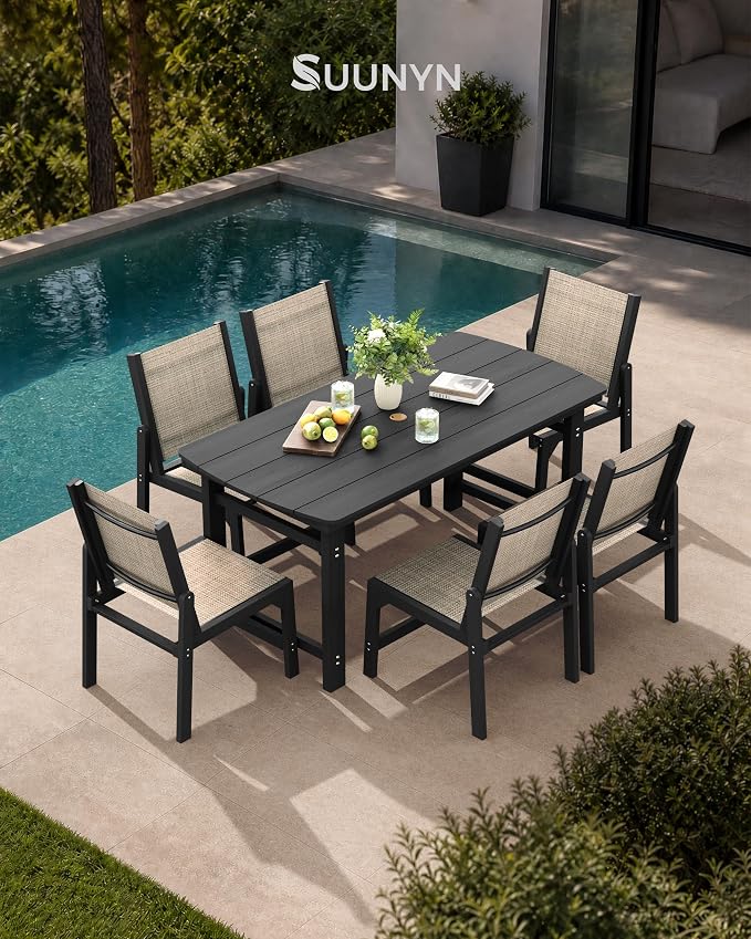 HDPE Outdoor Patio Dining Set with Table & 6 Stackable Armless Textilene Chairs, All-Weather 7-Piece Dining Table Set with Umbrella Hole, Patio Furniture for Garden, Poolside, Backyard, Deck | Black