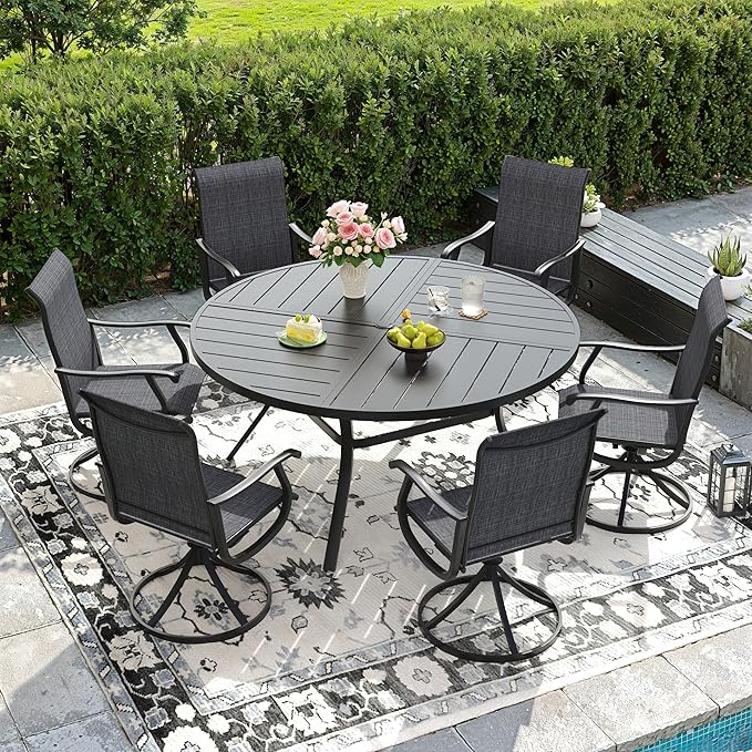 DIFY Patio Table and Chairs Set for 6, 7 Piece Outdoor Dining Set, 50" Black Round Metal Dining Table with Umbrella Hole and 6 Dark Grey Textilene Swivel Patio Chairs, for Garden Backyard Deck