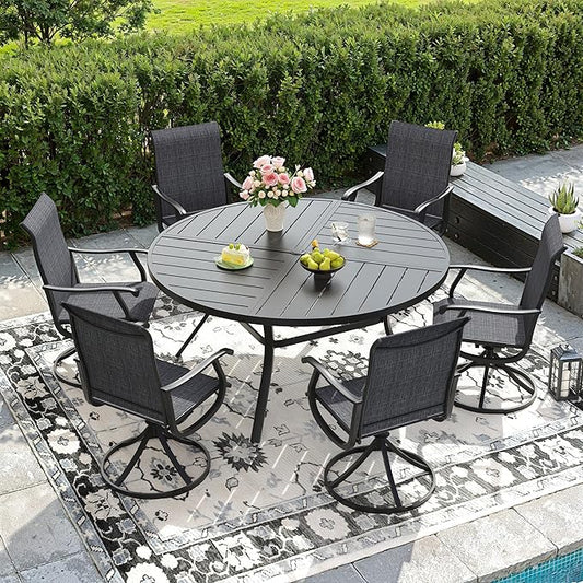 DIFY Patio Table and Chairs Set for 6, 7 Piece Outdoor Dining Set, 50" Black Round Metal Dining Table with Umbrella Hole and 6 Dark Grey Textilene Swivel Patio Chairs, for Garden Backyard Deck