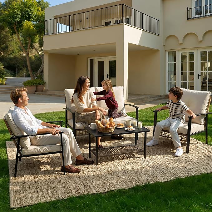 Deersky 4 Piece Outdoor Patio Furniture Set, All-Weather Modern PE Wicker Rattan Conversation Set with 4" Cushions for Comfortable, Easy to Assemble, Cream White