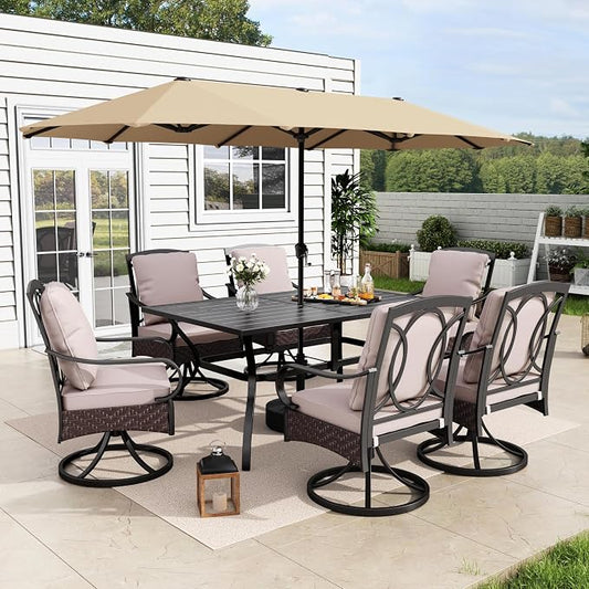 MFSTUDIO Outdoor Patio Dining Set for 6, Patio Dining Set with Umbrella, Outdoor Table and Chairs for 6, Patio Rectangular Metal Dining Table with Swivel Chairs, 8 Pieces Outdoor Furniture Set, Beige