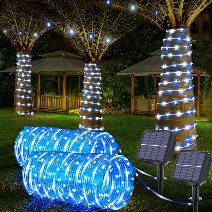Solar Rope Lights, 2 Pack Total 66ft 200LED Solar String Lights, 8 Modes Waterproof Solar Outdoor Light, Flexible Clear Trampoline Light for Garden Yard Patio Deck Porch Pool Tree Decor - White & Blue