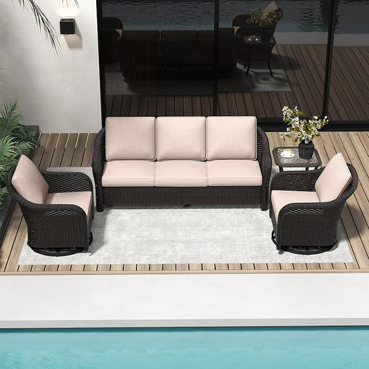 4 PCS Patio Conversation Set | 78" Couch, 2 Swivel Chairs, 1 Side Table， Outdoor Wicker Conversation Furniture with Removable Cushions for Bistro, Deck, Sunroom(Beige)