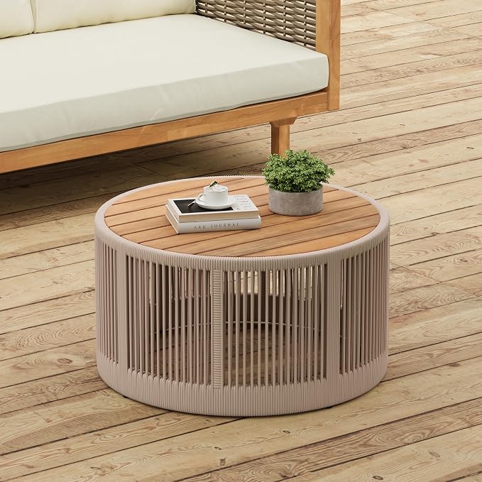 IRONORA 2 Piece Nesting Round Patio Table Set, Solid Acacia Wood Top Beige Hand-Woven Rope Drum Coffee & Side Table, Weather Resistant Hollow Accent Tables for Balcony Backyard Coastal Boho Decor