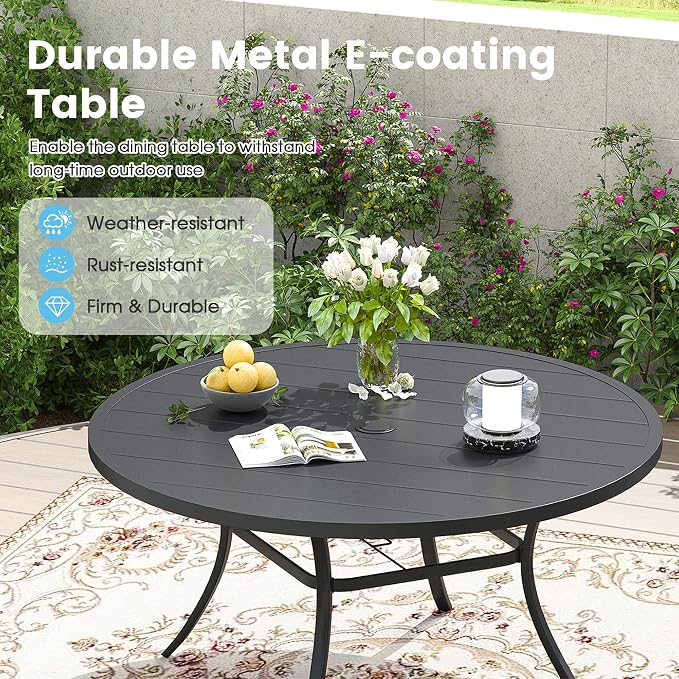9 Pieces Outdoor Patio Dining Table Set, 60" All Weather Round Metal Table with Umbrella Hole and 8 High Back Textilene Swivel Chairs for Garden, Lawn, Poolside, Black Table & Blue Chairs