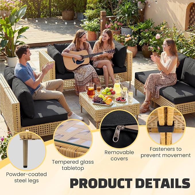 LHBcraft 7-Piece Wicker Outdoor Patio Furniture Set, Outdoor Sectional Furniture, Patio Sofa Sectional Conversation Sets, Handmade Rattan, Water-Resistant Fluffy Cushions and Coffee Table, Brown Black