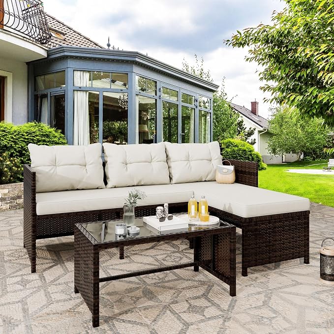 Vongrasig 3 Piece Patio Furniture Sets, All-Weather PE Wicker Outdoor Sofa Couch Sectional Set, Small Conversation Set for Garden/Patio w/Cushion, Glass Table, (Beige)