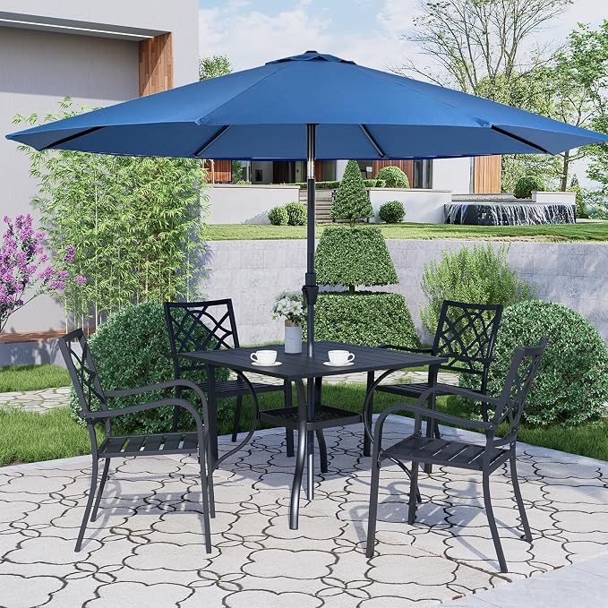 Crownland 5 Piece Outdoor Dining Set, Patio Metal Dining Sets, 4 Stackable Metal Chairs and Square Outdoor Dining Table with Dark Blue 9FT Round Outdoor Umbrella, for Backyard, Garden (Classic Black)