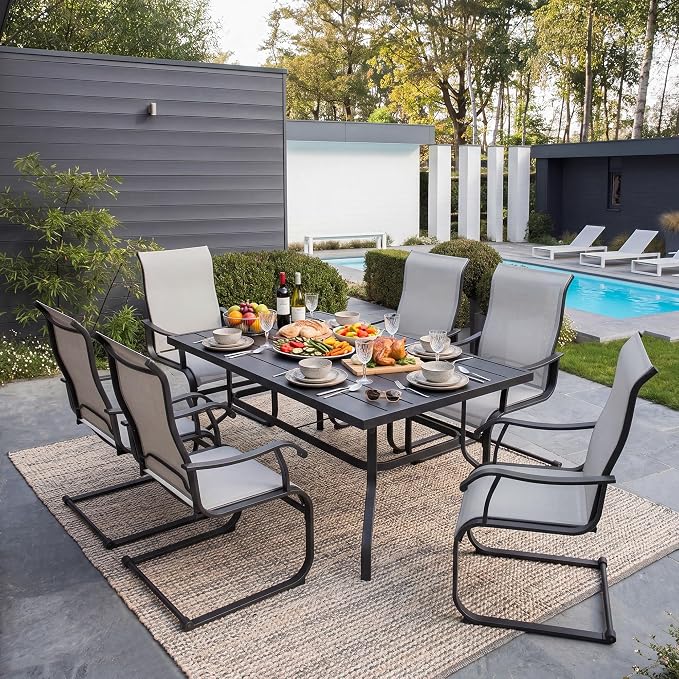 NUU GARDEN 7 Piece Patio Dining Set for 6 with C-Spring Chairs | Rectangular table with umbrella hole and 6 breathable Textilene chairs featuring gentle C-spring motion and high backs