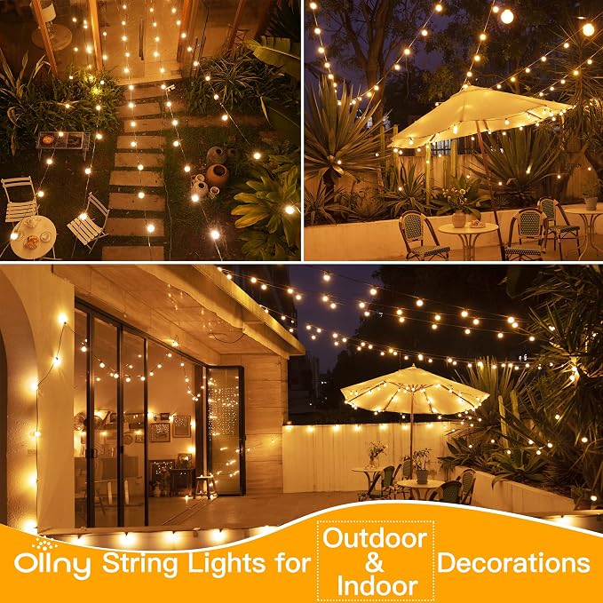 Ollny 50FT Outdoor String Lights, Waterproof Connectable Shatterproof Outside Light with 25 Edison + 2 Spare LED Bulbs Plug in, Patio Lights for Indoor Balcony Porch Camping Deck