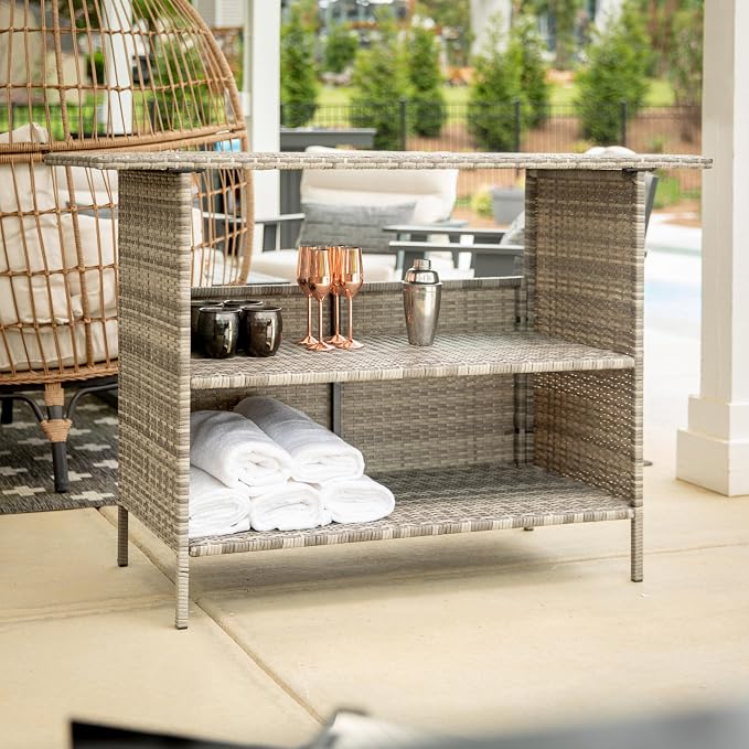 Flash Furniture Marco Indoor/Outdoor Patio Bar Counter Table, All-Weather Wicker Rattan Pattern, 2 Shelves, Gray