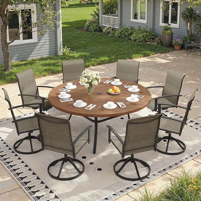 Outdoor Dining Table for 8, 60" Round Outdoor Table with Adjustable Umbrella Hole, All-Weather Metal Patio Dining Table for Lawn Garden Backyard Deck, Walnut