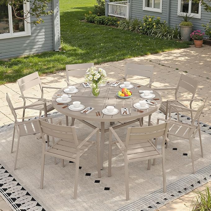 Patio Dining Set for 8, Round 53.1" Patio Dining Table and Stackable Outdoor Dining Chairs Outdoor Furniture for Backyard Porch Deck, Spliced Sandshell Table and Sandshell Chairs