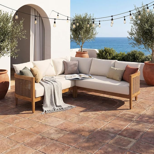 Merax Rattan Outdoor Acacia Wood V-Shaped Sectional Sofa with Cushions | All-Weather Patio Sofa Conversation Set for Porch, Lawn, Backyard, Balcony, Teak