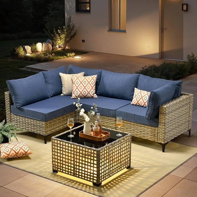 5 Pieces Patio Furniture Set with Solar Light Coffee Table, All-Weather Wicker Outdoor Sectional Conversation Sets L Shaped Sofas for Outside Porch Balcony Backyard Denim Blue