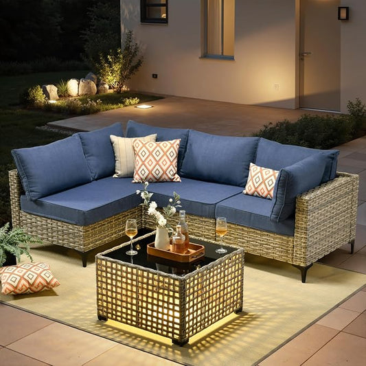 5 Pieces Patio Furniture Set with Solar Light Coffee Table, All-Weather Wicker Outdoor Sectional Conversation Sets L Shaped Sofas for Outside Porch Balcony Backyard Denim Blue