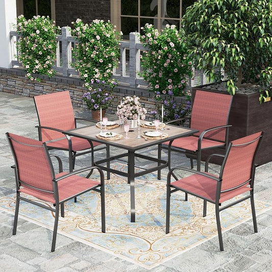 HERA'S HOUSE Patio Dining Set for 4, Wood-Look Metal Table, Red Chair | 37" outdoor square table + textilene chairs, All-weather, rust-resistant for Lawn Garden Backyard