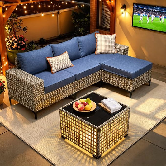 5-Piece Wicker Outdoor Sectional Furniture, Wide Armrest L-Shaped Patio Couch Set with Ottoman Thick Cushion, Modular Conversation Sets with Solar Table for Backyard Porch Balcony, Denim Blue