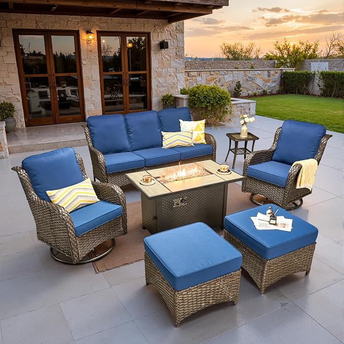 ovios 7-Piece Patio Furniture Set with Swivel Chairs Side Table, Outdoor Wicker Sofa with 42" Fire Pit Table, High Back Couch Modern Conversation Sets, Brown/Navy Blue