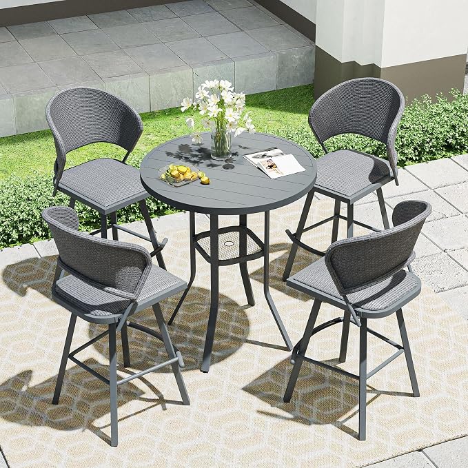 VICLLAX Outdoor Bar Table, 35.4" Wide Round Patio Bar-Height Table Weather Resistant Metal Slatted Tabletop with Umbrella Hole for Front Porch Deck, Backyard, Dark Grey