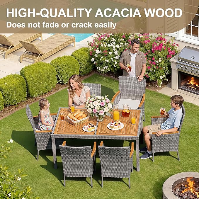 Devoko Dining 7 PCS Furniture, Patio Conversation Set with Acacia Wood Table Top, Outdoor, Beige Cushion and Grey Rattan