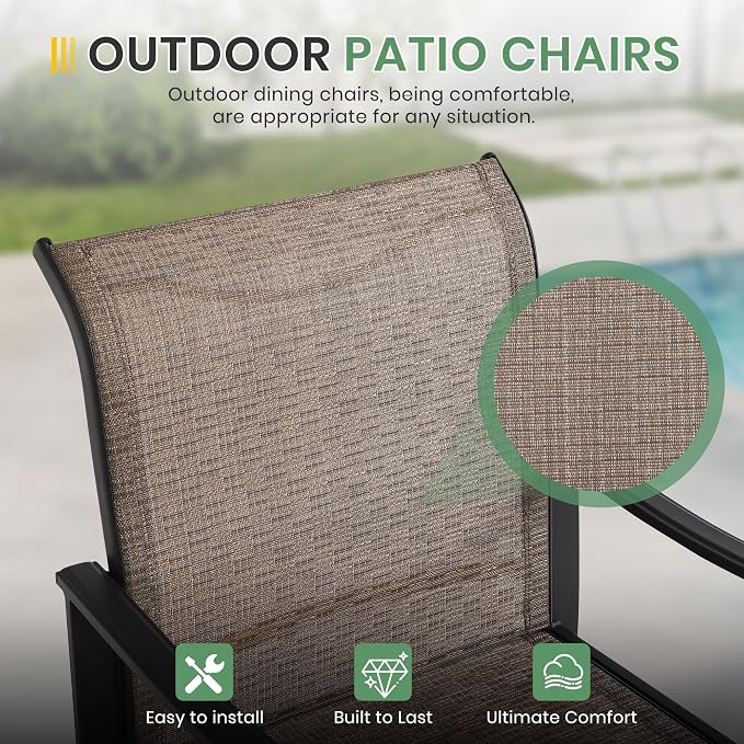 LVUYOYO 5-Piece Outdoor Patio Dining Set, Textilene Dining Chairs & Round Table Set, All-Weather Table and Chairs Set with Umbrella Hole for Backyard, Garden,Balcony,Porch (Brown)