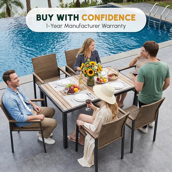 BEEFURNI Wicker Patio Furniture Dining Set, Outdoor Patio Table and Chairs Set, Rattan Outdoor Furniture Set, Acacia Wood Table, Chairs, Weather Proof Set for Porch, Backyard (Brown)