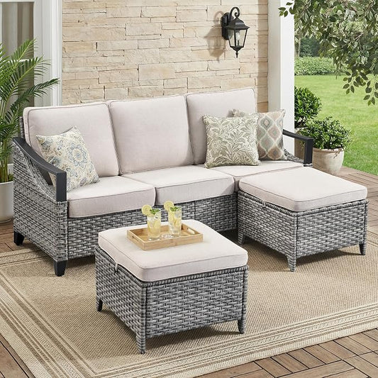 3 Pieces Wicker Patio Furniture Sofa Set-Outdoor Wicker Patio Furniture Covered Couch with Multifunctional Ottoman and All-Weather Outdoor Patio Conversation Set for Backyard Porch Garden Grey/Beige
