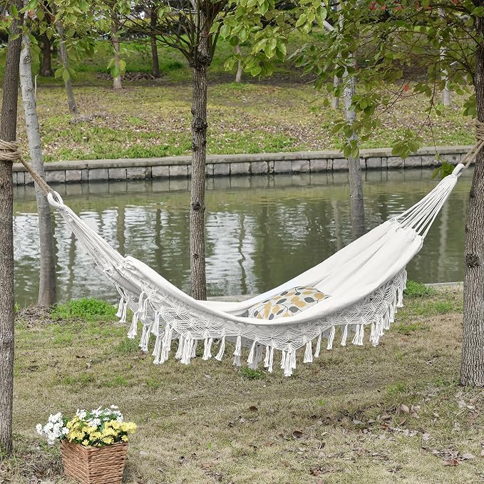 Boho Hammock Bed, Extra Large White Tree Hammock Hanging Bed with Macrame Tassel Fringe and Carrying Bag for Indoor Outdoor Backyard Patio Garden Relaxation