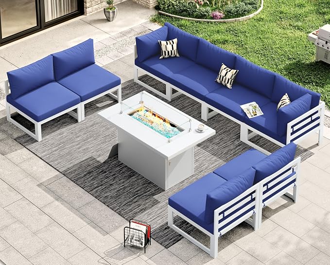 RADIATA 9 Piece Large Modern Aluminum Outdoor Patio Furniture Set with Fire Pit Table, 29 inch Wide Deep Seat, Rust Proof Comfy Sectional Sofa, 500 lbs Sturdy Front Yard Conversation Set, Navy Blue