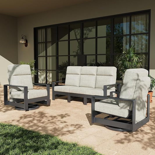 LayinSun 5-Piece Patio Furniture Set, Outdoor Aluminum Conversation Set with Swivel Chair and 6" Thick Cushions, Modern Sectional Sets for Balcony Backyard Pool