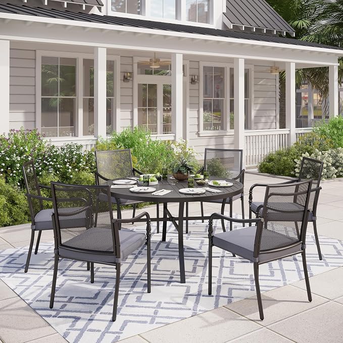 MIXPATIO 7 Pieces Outdoor Patio Dining Set for 6, Outdoor Table and Chairs Set, 6 Metal Chairs with Thickened Cushions, 54" Round Metal Table for Garden Backyard
