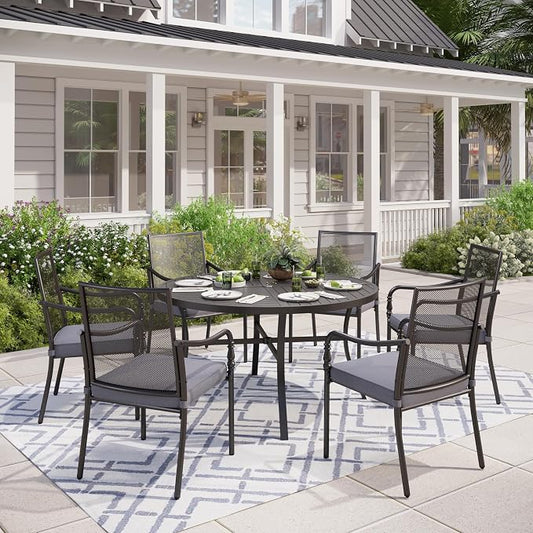 MIXPATIO 7 Pieces Outdoor Patio Dining Set for 6, Outdoor Table and Chairs Set, 6 Metal Chairs with Thickened Cushions, 54" Round Metal Table for Garden Backyard