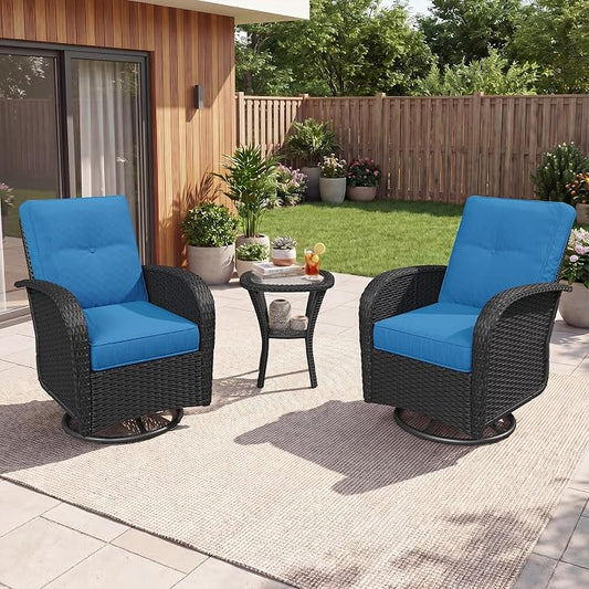 Aoxun 3 Piece Outdoor Patio Furniture Set with Side Table, Outdoor Patio Furniture Sets with High Back Swivel Rocker Chairs, Outdoor Sofa Set with Ottoman for Backyard & Garden, Peacock Blue