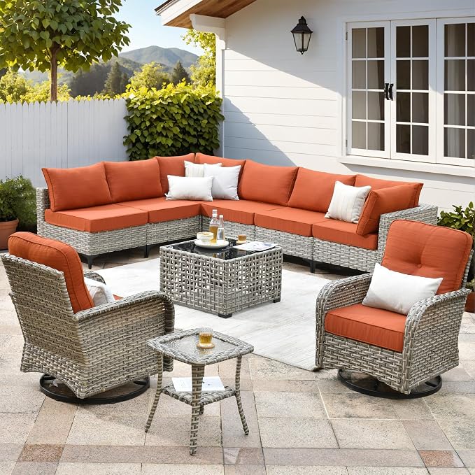 10 Pieces Wicker Patio Furniture Set,Outdoor Sectional Sofa with Swivel Chairs Coffee Table,Outside Deep Seat Rattan Couch Conversation Set,Orange Line