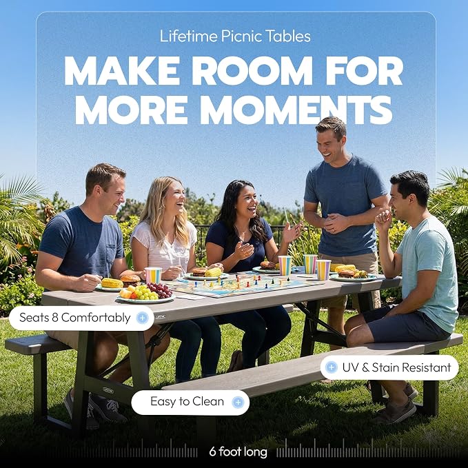 LIFETIME 6-Foot Folding Picnic Table with Benches, Seats 8, Heavy-Duty HDPE Tabletop, Steel Frame, Weather & UV Resistant Outdoor Picnic Table with Umbrella Hole