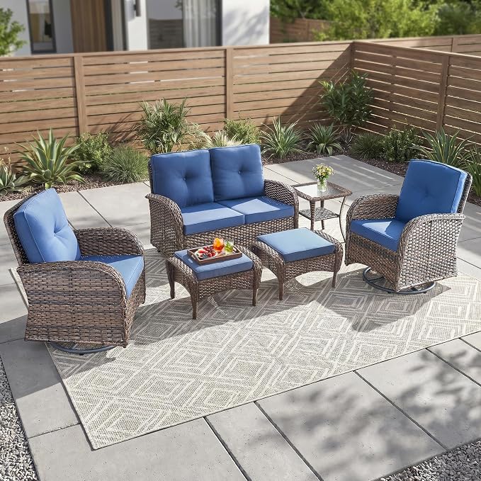 Outdoor Swivel Glider Rocker Chairs Set- 6 Piece Patio Furniture Set with A Glider Loveseat, Tempered Glass Side Table and 2 Ottoman, for Balcony, Porch - Brown Wicker, Blue Cushion
