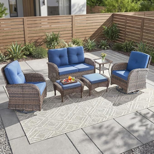 Outdoor Swivel Glider Rocker Chairs Set- 6 Piece Patio Furniture Set with A Glider Loveseat, Tempered Glass Side Table and 2 Ottoman, for Balcony, Porch - Brown Wicker, Blue Cushion