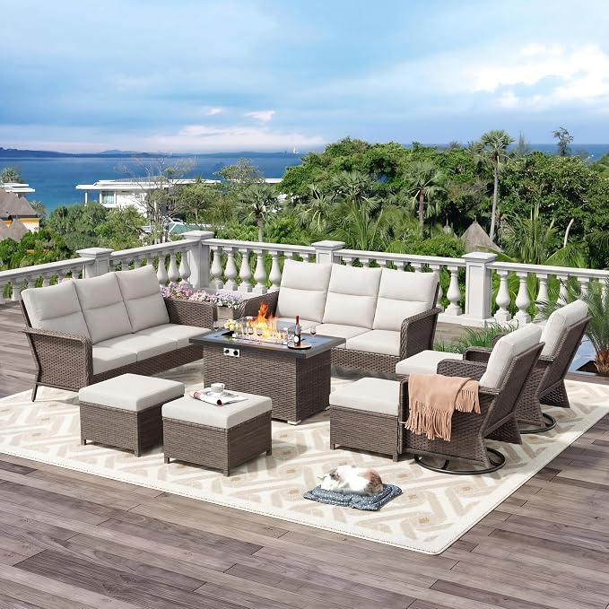 12 Seats Outdoor Patio Furniture Set with Fire Pit Table, High Back Swivel Chairs Conversation Sets With Ergonomic Backrest, Wicker Sectional Sofa with Gilder Chair for Yard Garden Porch, Beige