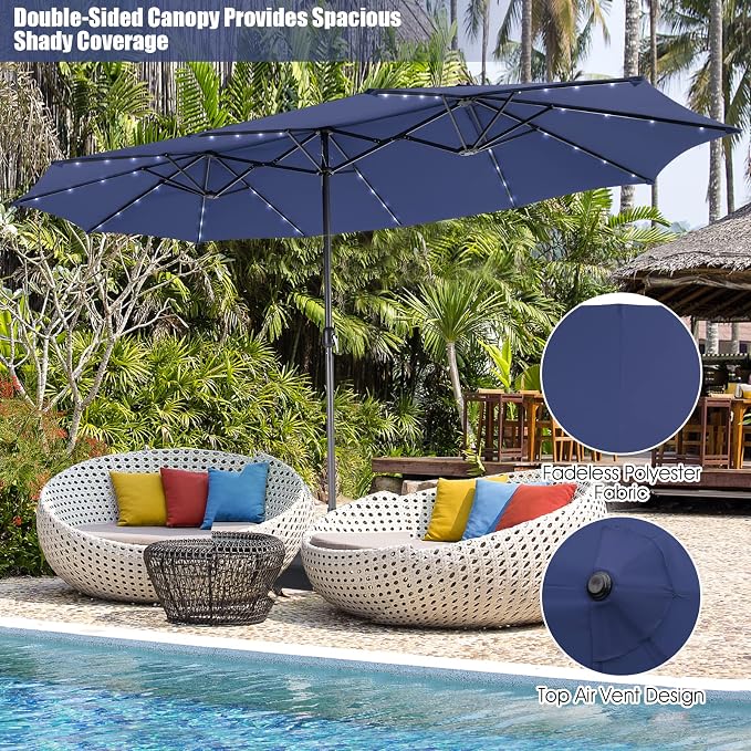 Tangkula 11 Pieces Patio Dining Set with 15 ft Double-Sided Patio LED Umbrella (Base Included), Outdoor Rattan Furniture Set with 8 Armchairs, 1 Rectangular Acacia Wood Dining Table (Navy)