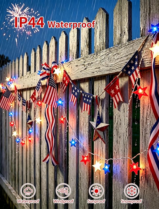 12Ft 4th of July String Lights, 20L LED Red White and Blue Star Lights | Plug in for Patriotic Home Porch Mantel Classroom Backyard Tree Decor, Independence Day Decorations, Indoor and Outdoor Use