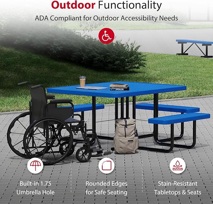 Leisure Craft Metal Picnic Table with Bench - 46" Square Outdoor Dining Table with Umbrella Hole, Heavy Duty Thermoplastic Coating, ADA Compliant, Commercial Grade Furniture Made in USA - Blue