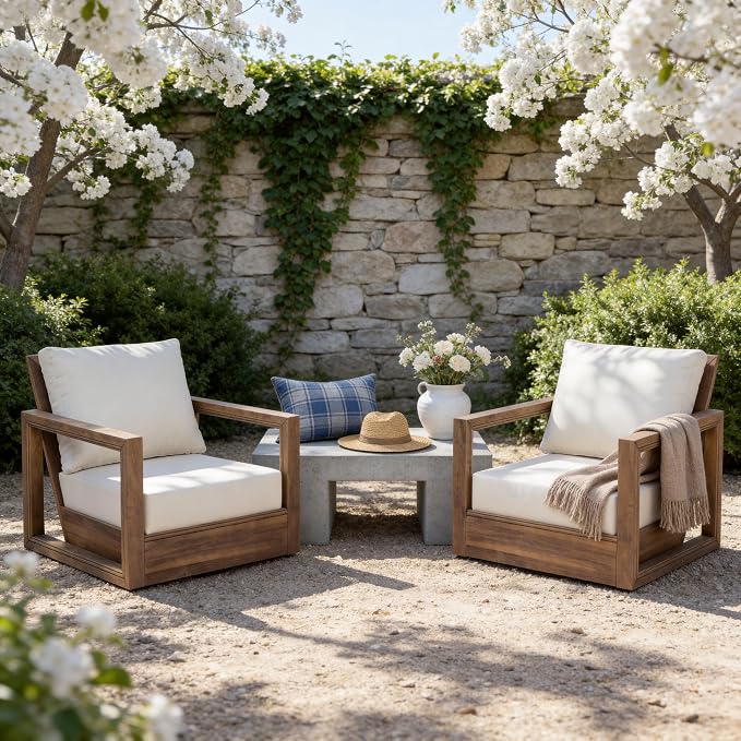 Christopher Knight Home 2-Piece Patio Swivel Chair Set, Acacia Wood Outdoor Rocking Chairs with 360° Swivel Base & Cushion, Floor Deep Seating Cushioned Patio Chairs for Porch Deck Garden, Brown+Beige