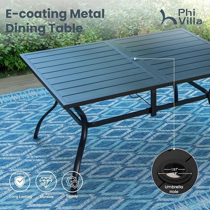 PHI VILLA Outdoor Dining Set for 6, Swivel Mesh Chairs & Metal Table, Grey | 60'' metal rectangular table with umbrella hole and 6 breathable textilene patio chairs, designed for deck, backyard, garden