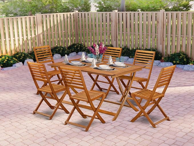 East West Furniture AEBS7CWNA 7 Piece Outdoor Patio Dining Sets Consist of a Rectangle Acacia Wood Table and 6 Folding Side Chairs, 36x60 Inch, Natural Oil