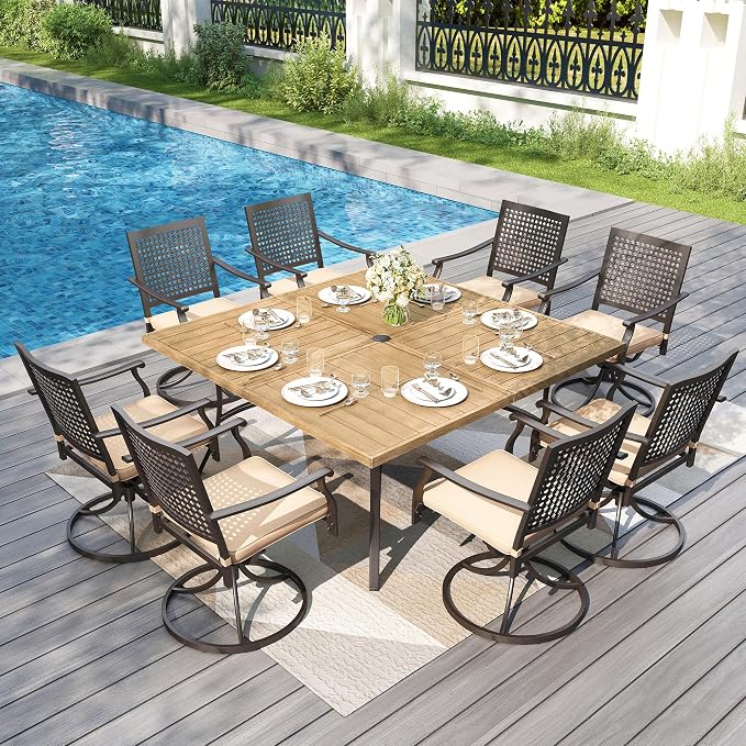 PHI VILLA Outdoor Dining Set for 8, Square Metal Table & Swivel Chairs | 9 pcs 57.5" brown wrought iron furniture set w/ umbrella hole. All weather for patio, deck, yard, porch