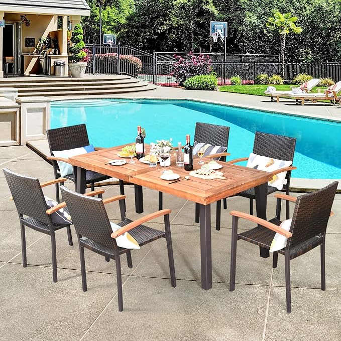 Tangkula 7-Piece Wicker Patio Dining Set, Patiojoy Outdoor Rattan Garden Yard Furniture Set, Acacia Wood Tabletop Dining Table with Umbrella Hole & 6 Stackable Rattan Chairs Set